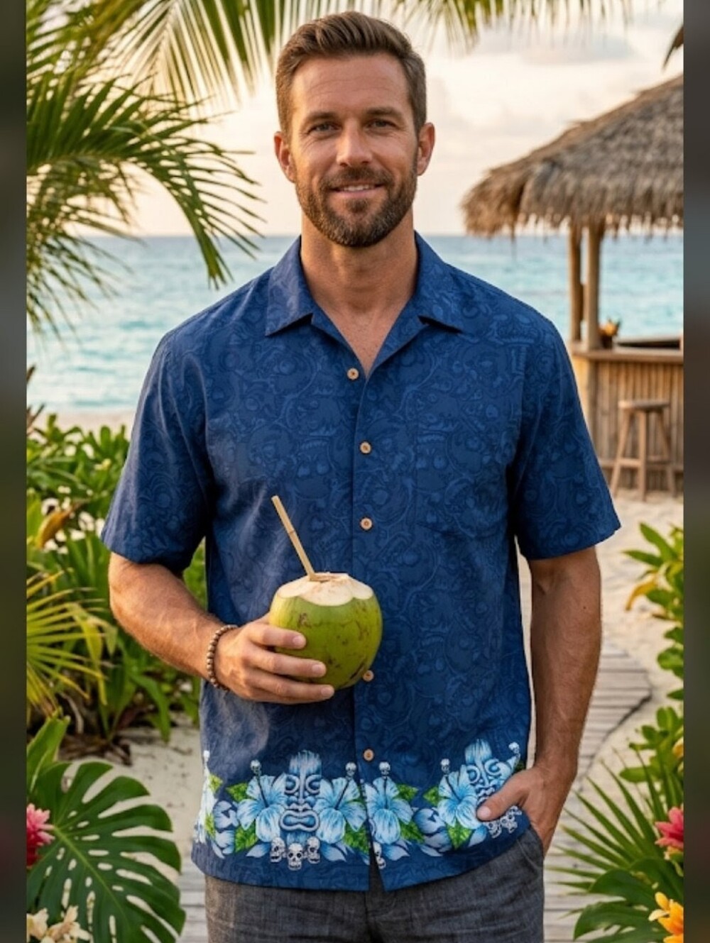 Men's Navy Short-Sleeve Button Down Shirt with Floral & Tiki Border